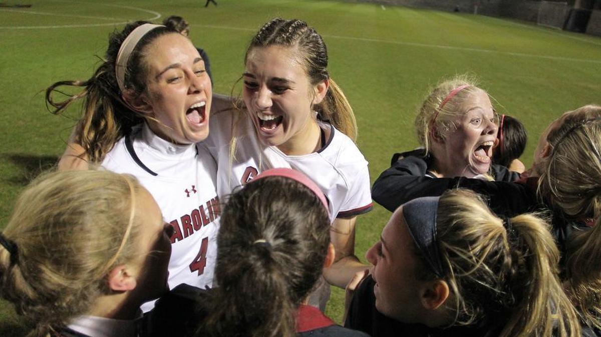 South Carolina celebrates its win over Florida during NCAA tournament action in Columbia, S.C. on Friday.