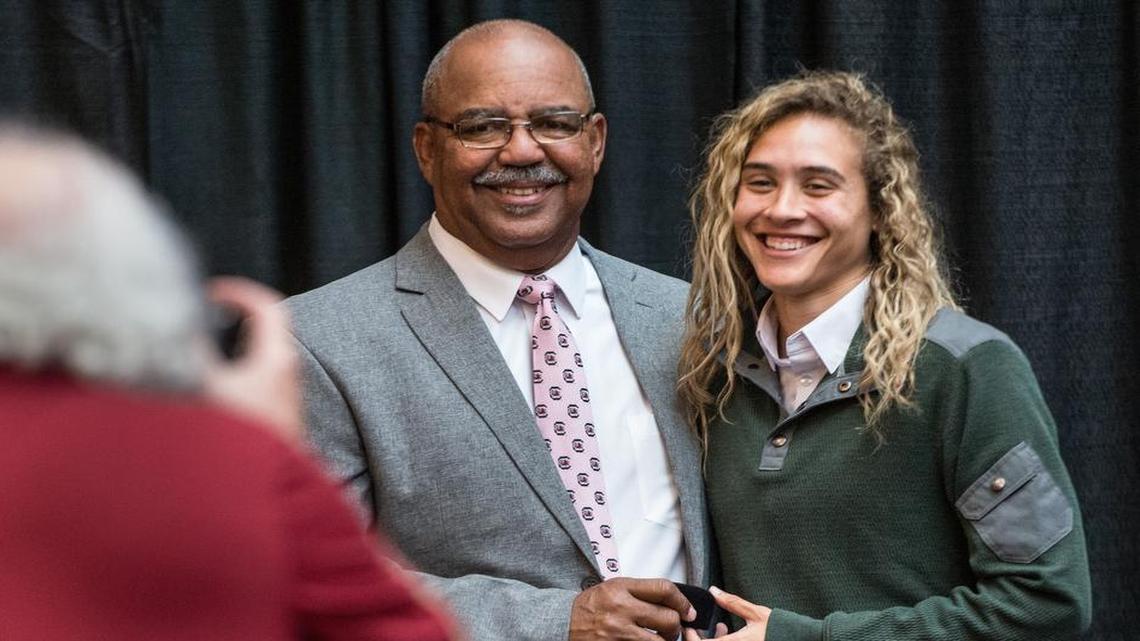 On April 26, South Carolina Track and Field coach Curtis Frye and Alexis Murphy pose for a photo at the ring ceremony for graduating Gamecock student-athletes at Colonial Life Arena.