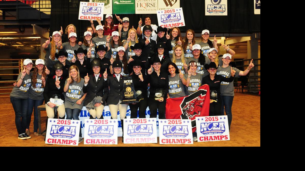 
The South Carolina equestrian team celebrates winning this year’s National Collegiate Equestrian Association national championship. It marked the Gamecocks’ third national title in program history.
