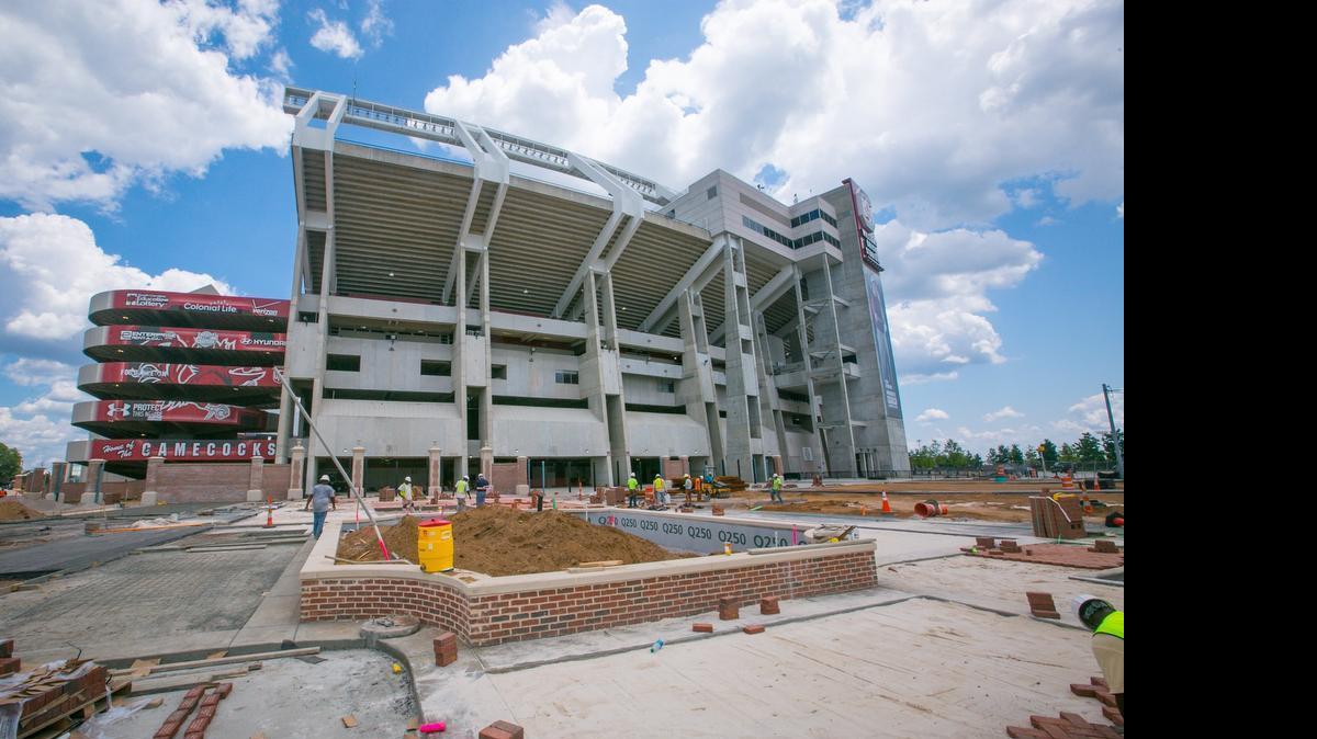 
Work continues to get Springs-Brooks Plaza around Williams-Brice Stadium ready for the first home game on Sept. 12. It's a $14 million project, and will include a new statue honoring George Rogers and bricks with the names of donors around the Plaza area. This is the northwest corner.
