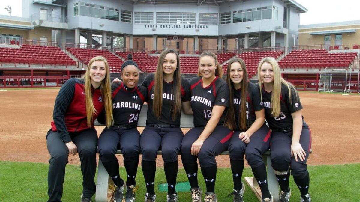 South Carolina softball players from California are from left, Alexis Lindsey, Kamryn Watts, Hayley Copeland, Kaylea Snaer, Mackenzie Boesel and Kennedy Clark.