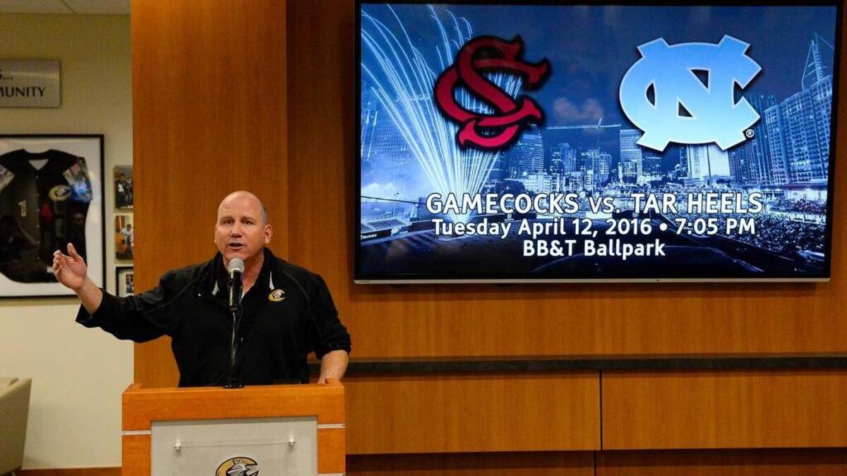 Charlotte Knights General Manager Scotty Brown announces that BB&T Ballpark host a matchup between the North Carolina and South Carolina Gamecocks baseball teams for a game between the universities on April 12, 2016.