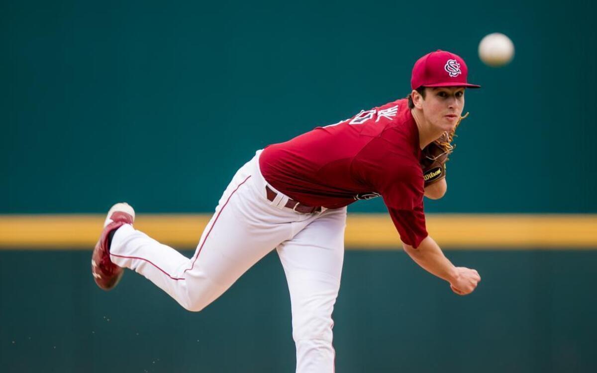 South Carolina pitcher Adam Hill (15) struck out six, allowed two hits and three earned runs in five innings Sunday.