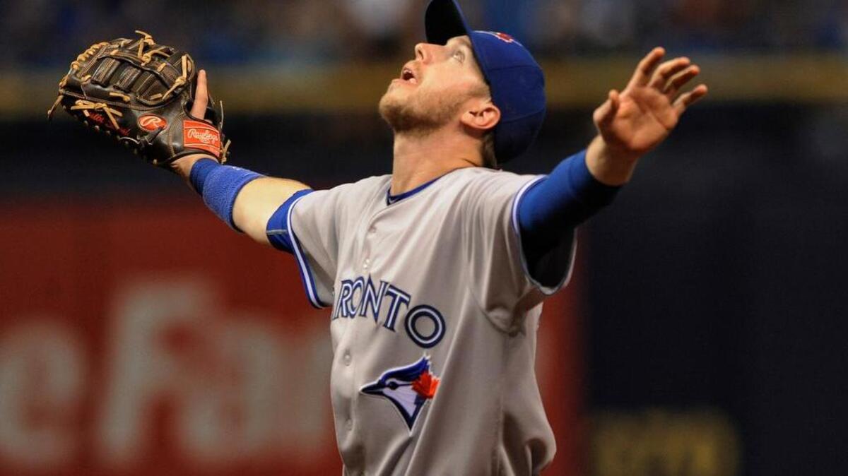 
Toronto Blue Jays first baseman Justin Smoak calls for a pop fly during a game against Tampa Bay Rays on Saturday.
