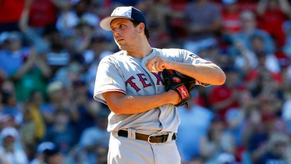 Texas Rangers relief pitcher Michael Roth (53) allowed three home runs on Monday.