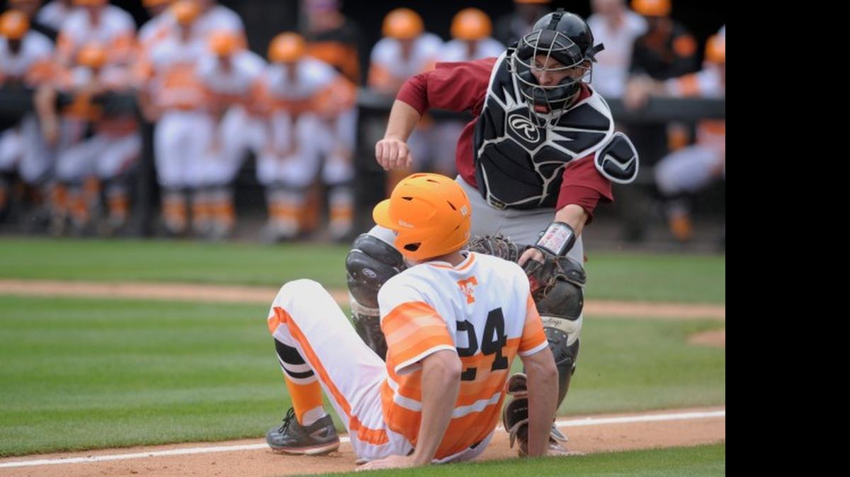 
South Carolina catcher Hunter Taylor tags out Tennessee’s Andrew Lee during Sunday’s game in Knoxville, Tenn.
