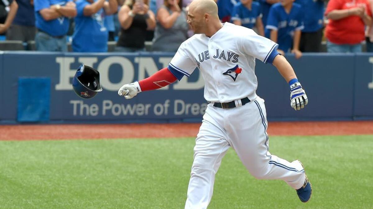 Former Gamecock Steve Pearce celebrates his walk off grand slam for the Blue Jays against the Athletics this past week.