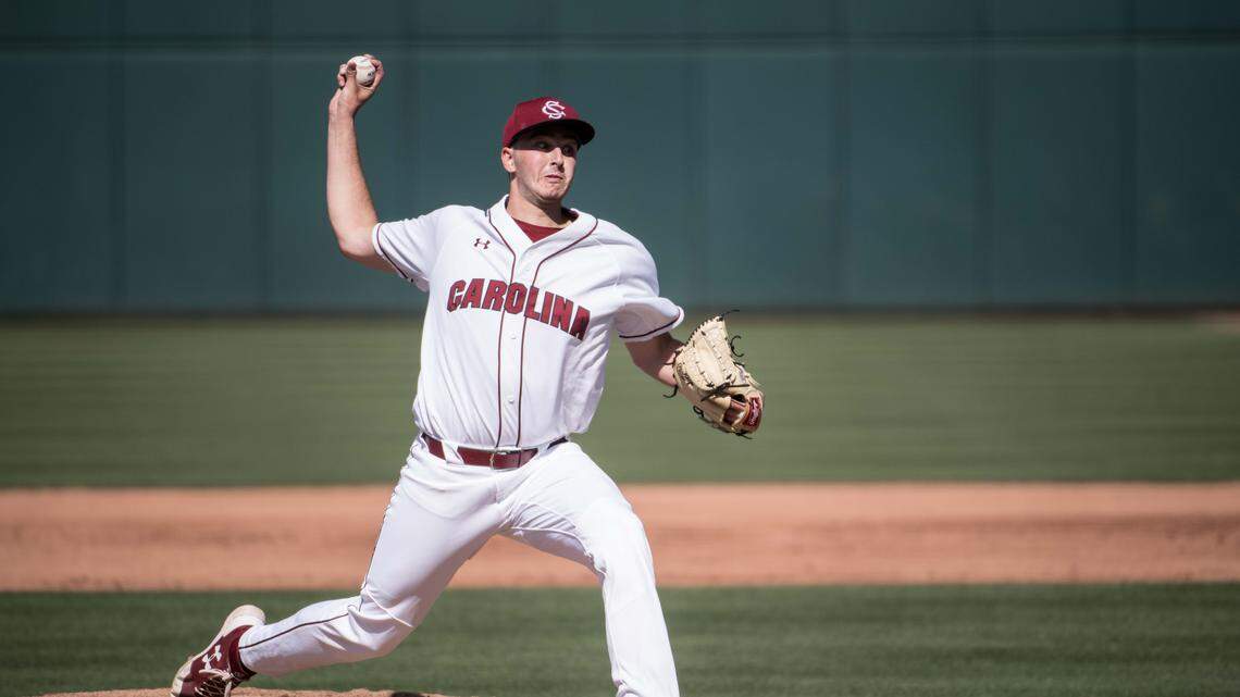 South Carolina starting pitcher Adam Hill delvers to an LSU batter at Founders Park Saturday, April 21, 2018, in Columbia, S.C.
