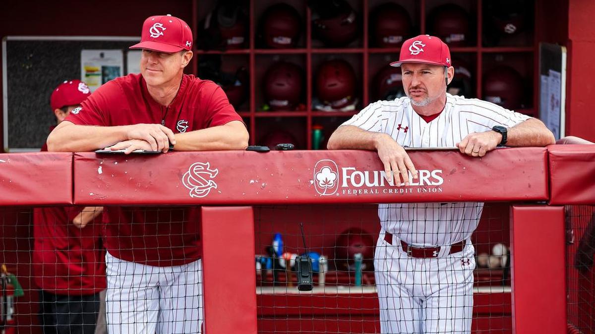South Carolina Gamecocks head coach Mark Kingston and assistant head coach Monte Lee before the Opening Day game between UMass Lowell River Hawks at the South Carolina Gamecocks at Founders Park in Columbia, SC, on Feb. 17, 2023.