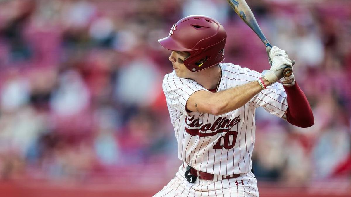 South Carolina Gamecocks’ Dylan Brewer (10) bats during the Opening Day game between UMass Lowell River Hawks at the South Carolina Gamecocks at Founders Park in Columbia, SC, on Feb. 17, 2023.