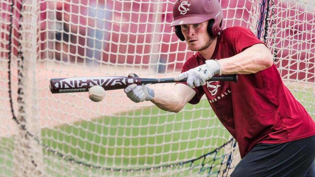 South Carolina shortstop Marcus Mooney takes batting practice