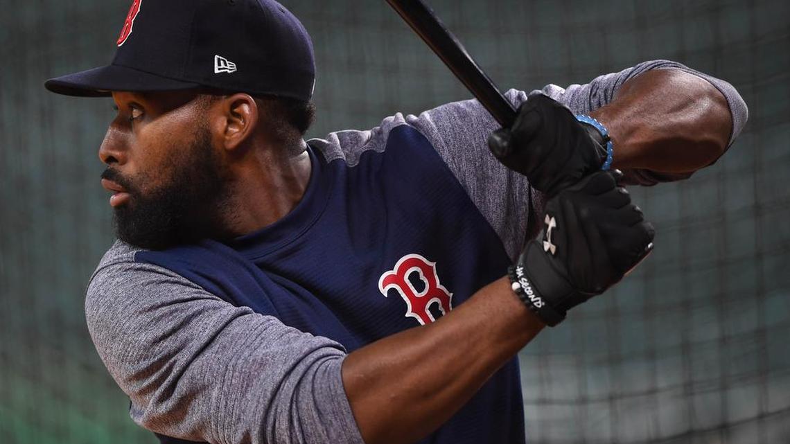 Boston Red Sox center fielder Jackie Bradley Jr. (19) takes batting practice during workouts at Minute Maid Park.