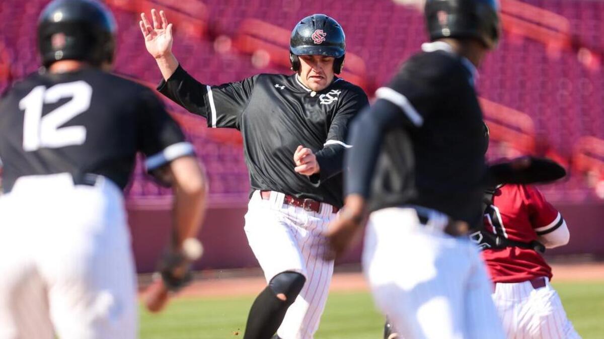 South Carolina Gamecocks Kevin Madden (50) scores during their scrimmage at Founders Park in Columbia, SC, Jan. 30, 2022.