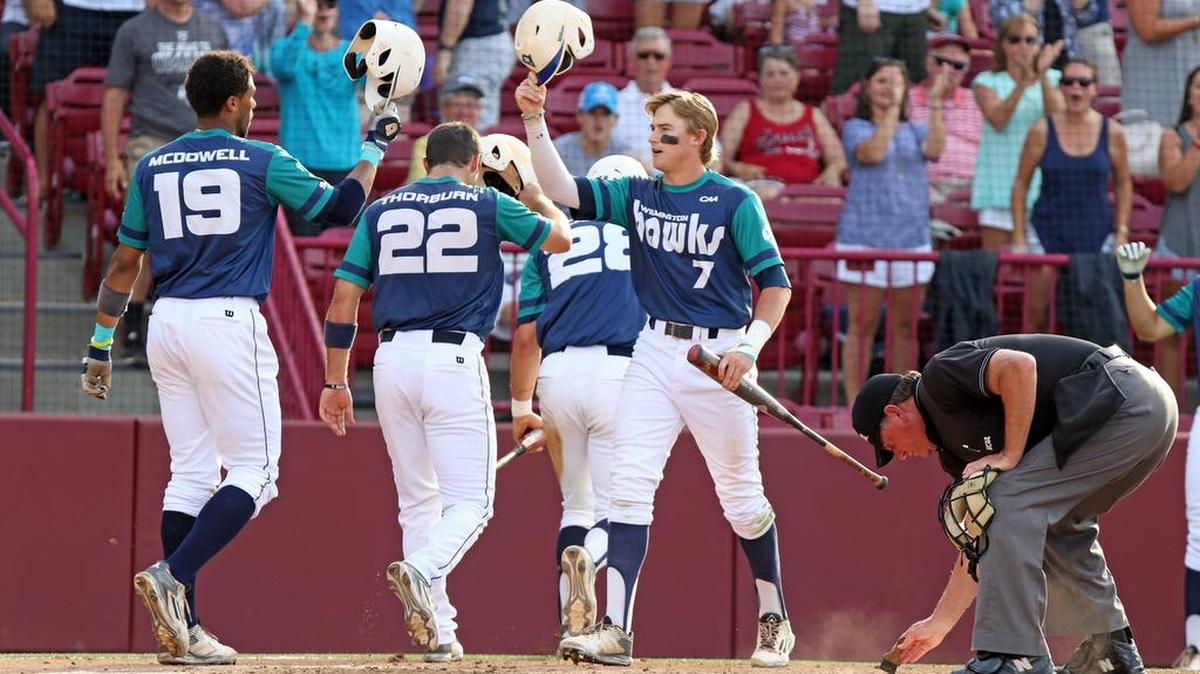 UNCW celebrates Kennard McDowell's three-run home run in the second inning Saturday against Rhode Island.