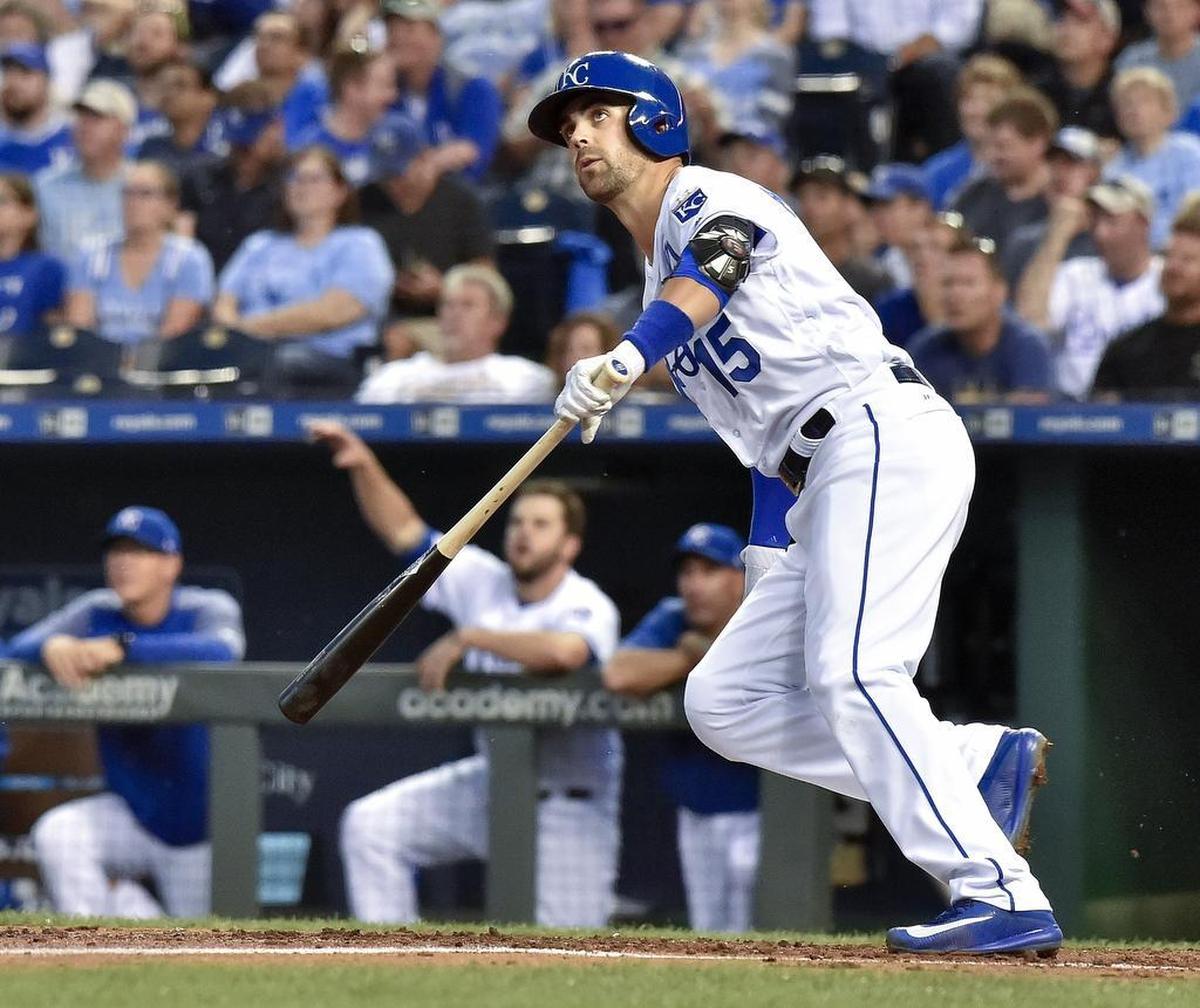 Kansas City Royals' Whit Merrifield watches his solo home run against the Tampa Bay Rays