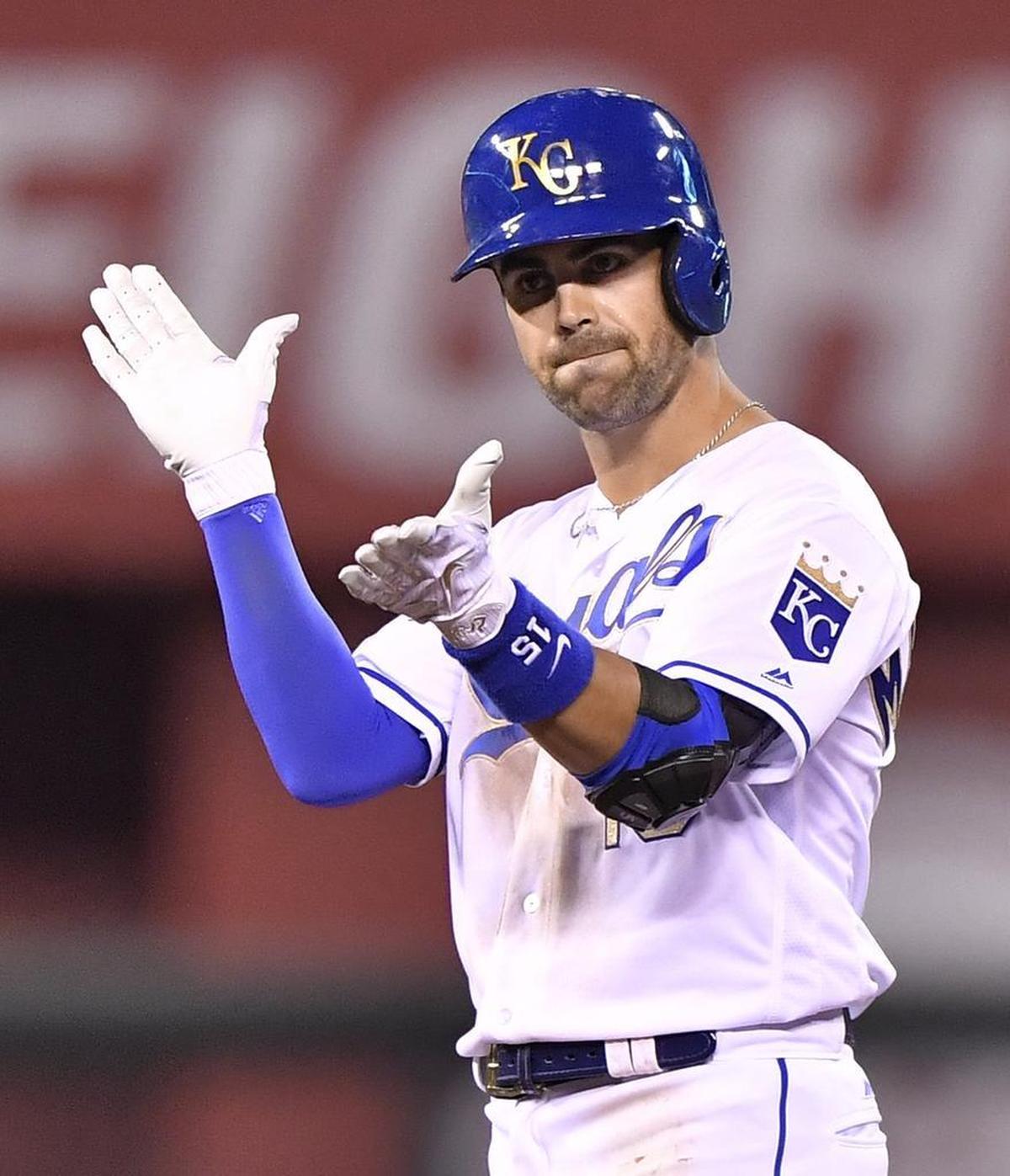 Kansas City Royals' Whit Merrifield celebrates a two run double.