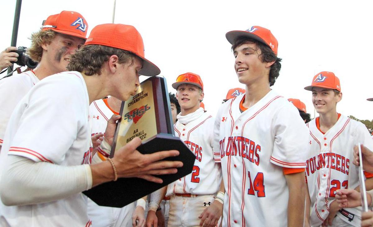 Andrew Jackson celebrates its series win over Gray Collegiate of the Class 2A baseball state championship. The third and final game was played Saturday, May 28, 2022 at Francis Marion University’s Cormell Field.