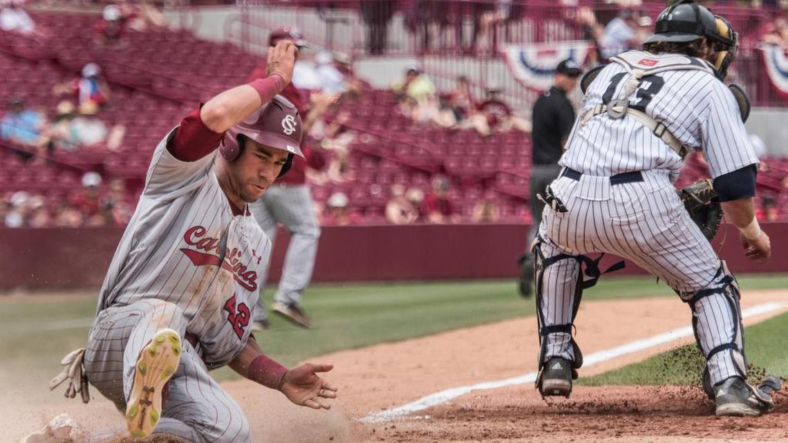South Carolina outfielder Dom Thompson-Williams slides into home