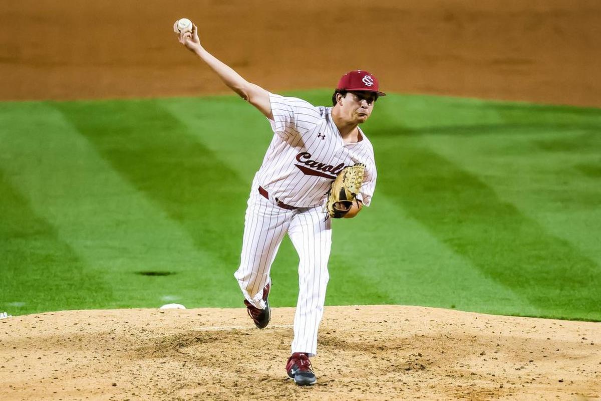 South Carolina Gamecocks pitcher Eli Jerzembeck (18) on the mound at Founders Park in April 2023.