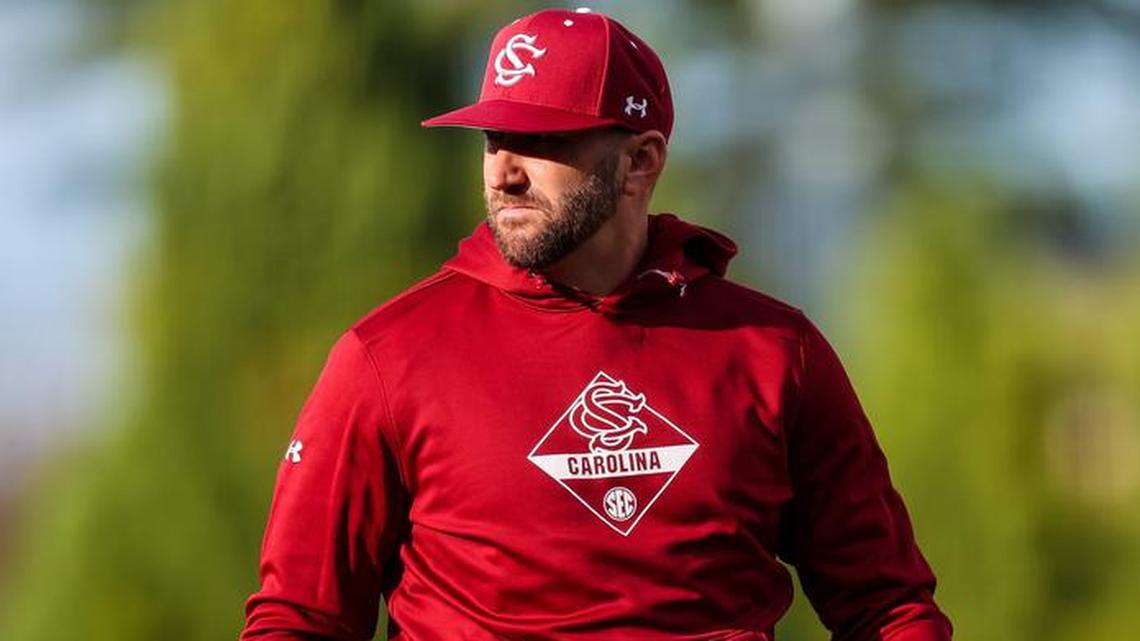 South Carolina Gamecocks pitching coach Justin Parker \during the Opening Day game between UMass Lowell River Hawks at the South Carolina Gamecocks at Founders Park in Columbia, SC, on Feb. 17, 2023.