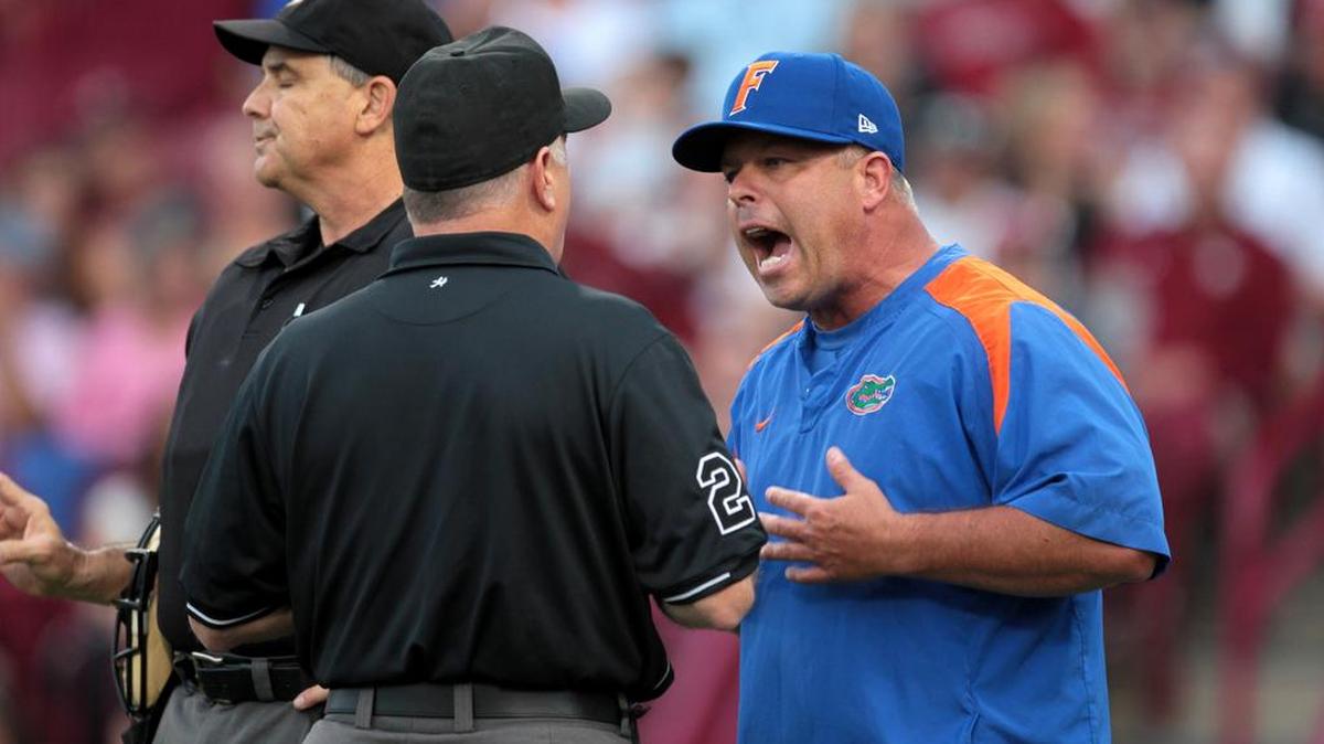 Florida baseball coach Kevin O’Sullivan argues a call during a past game against South Carolina.
