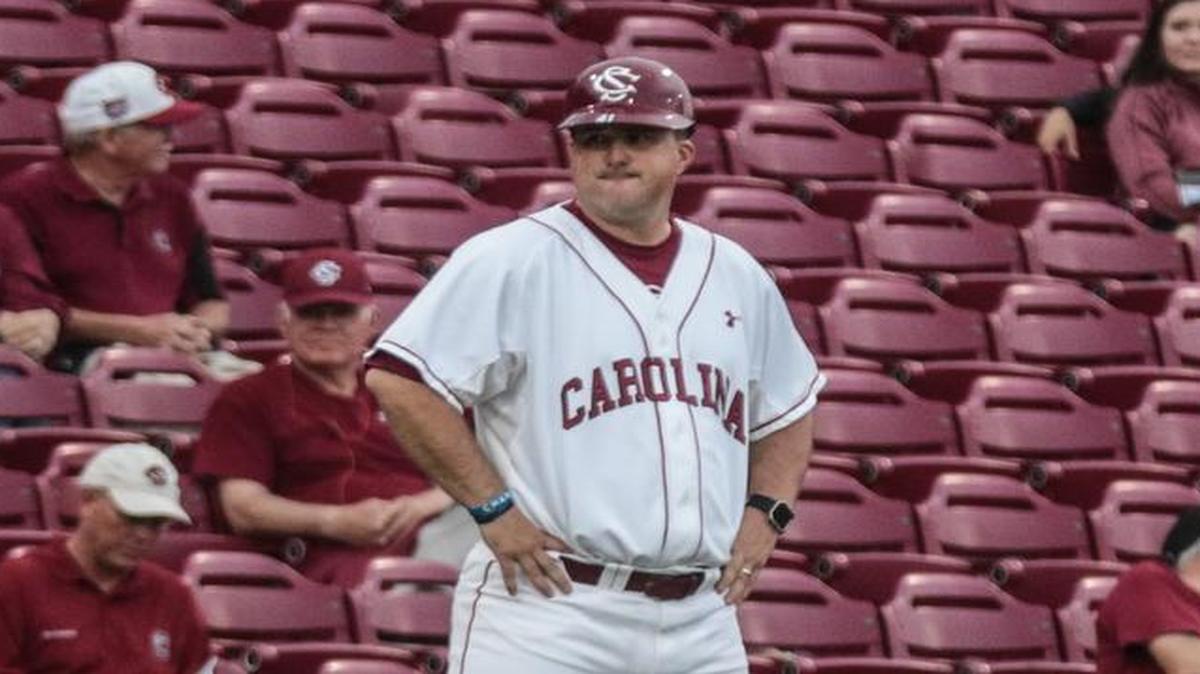 Third base coach Stuart Lake when the University of South Carolina baseball team took on Davidson Tuesday, April 18, 2017.
