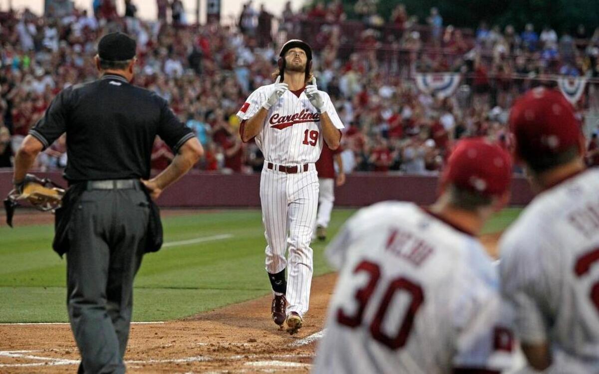 South Carolina’s Gene Cone connected for a solo home run in the game’s first at-bat vs. Rhode Island on Friday night at Founders Park.