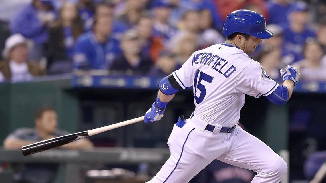 Kansas City Royals' Whit Merrifield follows through on his first major league hit in the fifth inning for a single during Wednesday's second of a split doubleheader baseball game against the Boston Red Sox .