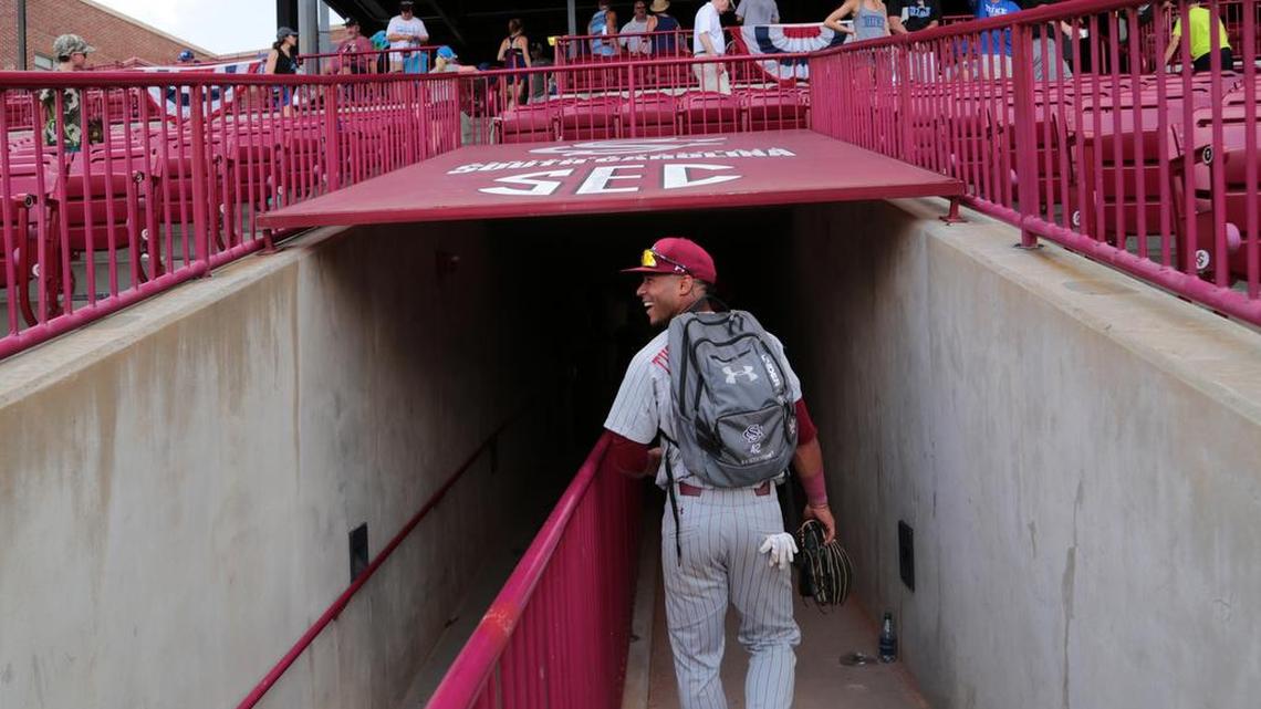 South Carolina's Dom Thompson-Williams leaves the field after the Gamecocks win over Duke Saturday at Founders Park in the NCAA Baseball Tournament's Columbia Regional.