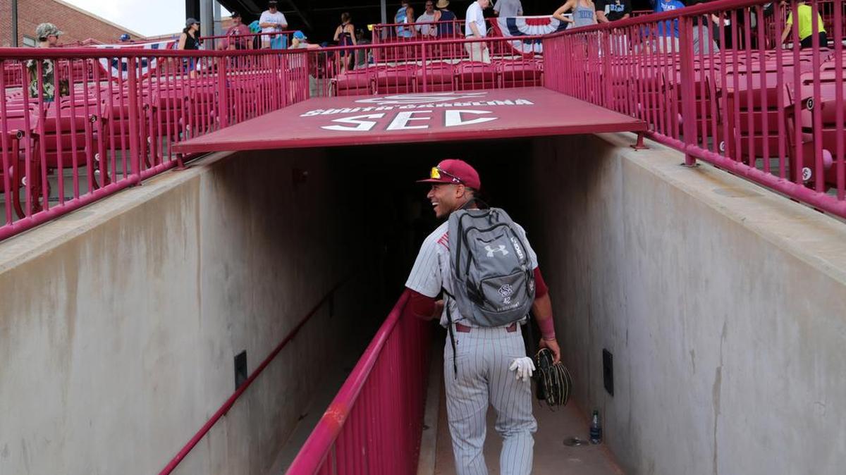 South Carolina's Dom Thompson-Williams leaves the field after the Gamecocks win over Duke Saturday at Founders Park in the NCAA Baseball Tournament's Columbia Regional.