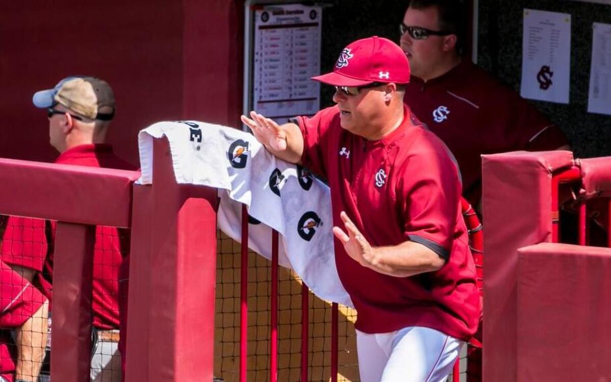 
USC baseball coach Chad Holbrook directs his team against Auburn on Sunday at Carolina Stadium.
