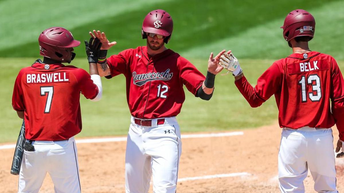 South Carolina Gamecocks first baseman Josiah Sightler (12) limps home with a run against the Alabama Crimson Tide during their game at Founders Park in Columbia, SC, Saturday, April 30, 2022.