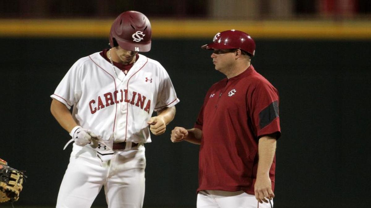 First base coach and former Gamecock pitcher Blake Cooper is helping the USC staff this season.