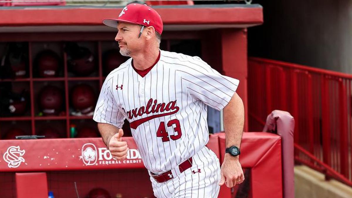 South Carolina Gamecocks assistant head coach Monte Lee is introduced before the Opening Day game between UMass Lowell River Hawks at the South Carolina Gamecocks at Founders Park in Columbia, SC, on Feb. 17, 2023.