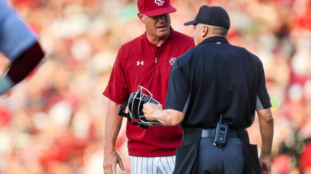 South Carolina Gamecocks head coach Mark Kingston disputes a call against the Auburn Tigers during their game at Founders Park in Columbia, SC, Friday, April 28, 2023.