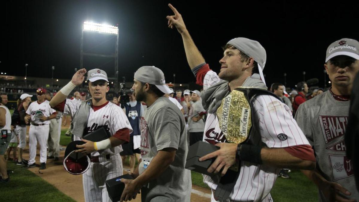 USC's Scott Wingo celebrates after the Gamecocks win over Florida to claim the 2011 College World Series