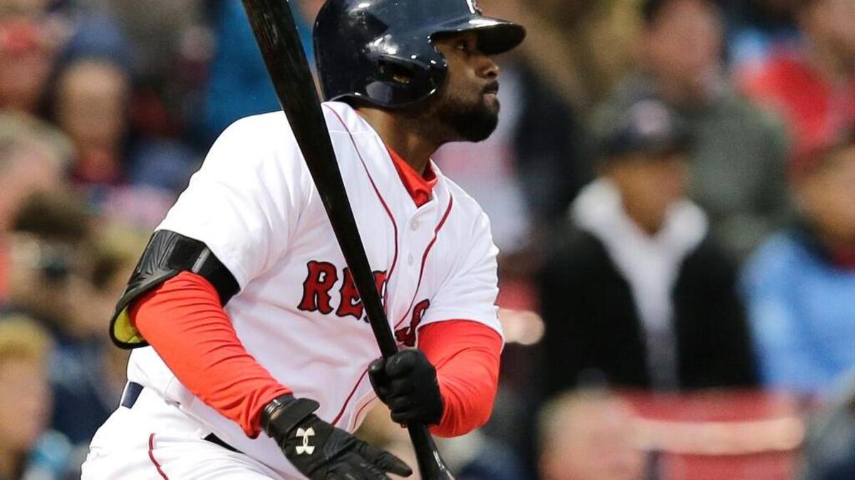 Boston Red Sox's Jackie Bradley Jr. hits a double during the second inning of a baseball game in Boston, Tuesday, May 24, 2016.