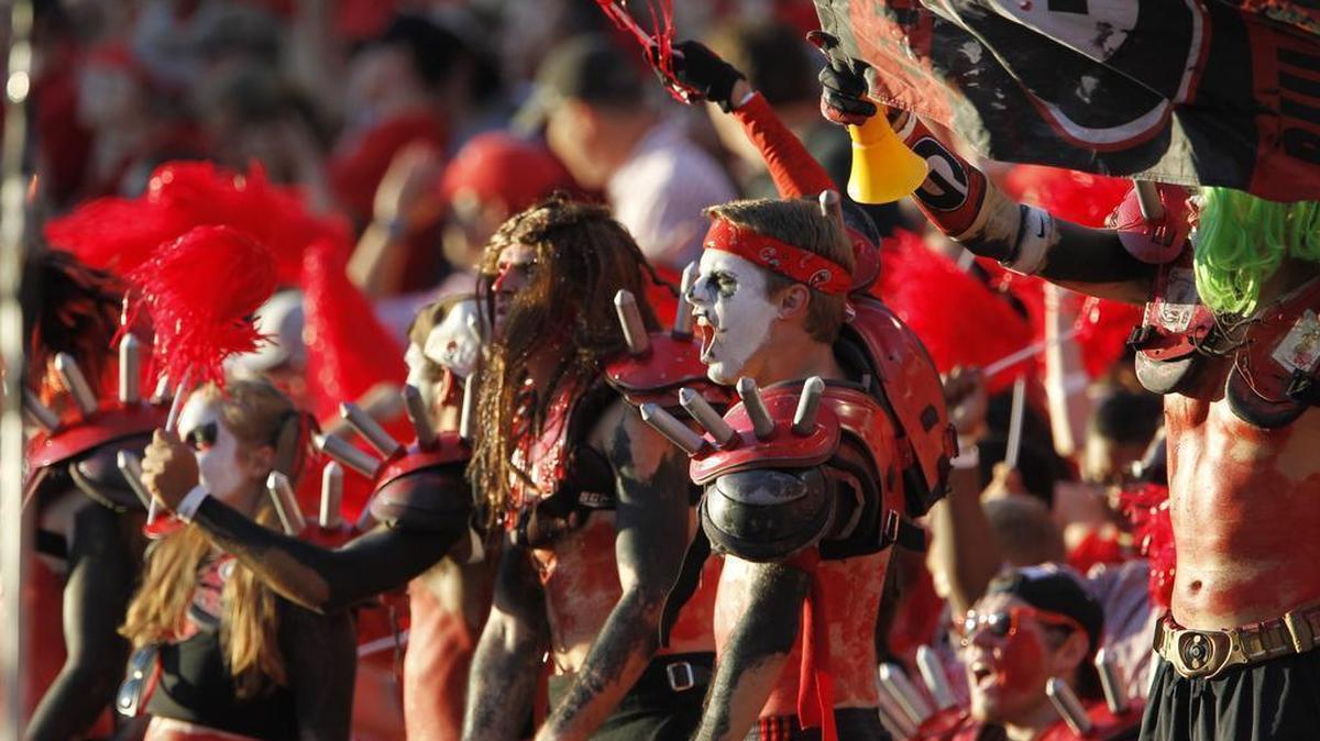 Georgia fans cheer from Sanford Stadium in Athens.