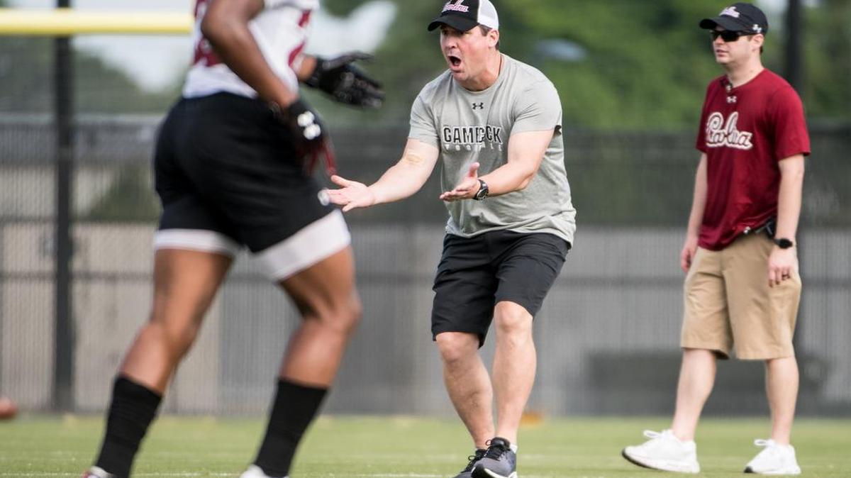 South Carolina head coach Will Muschamp shouts at a player during the first practice of the season Thursday, Aug. 2, 2019 in Columbia, SC. South Carolina will begin their season on Aug. 31 in Charlotte against UNC.