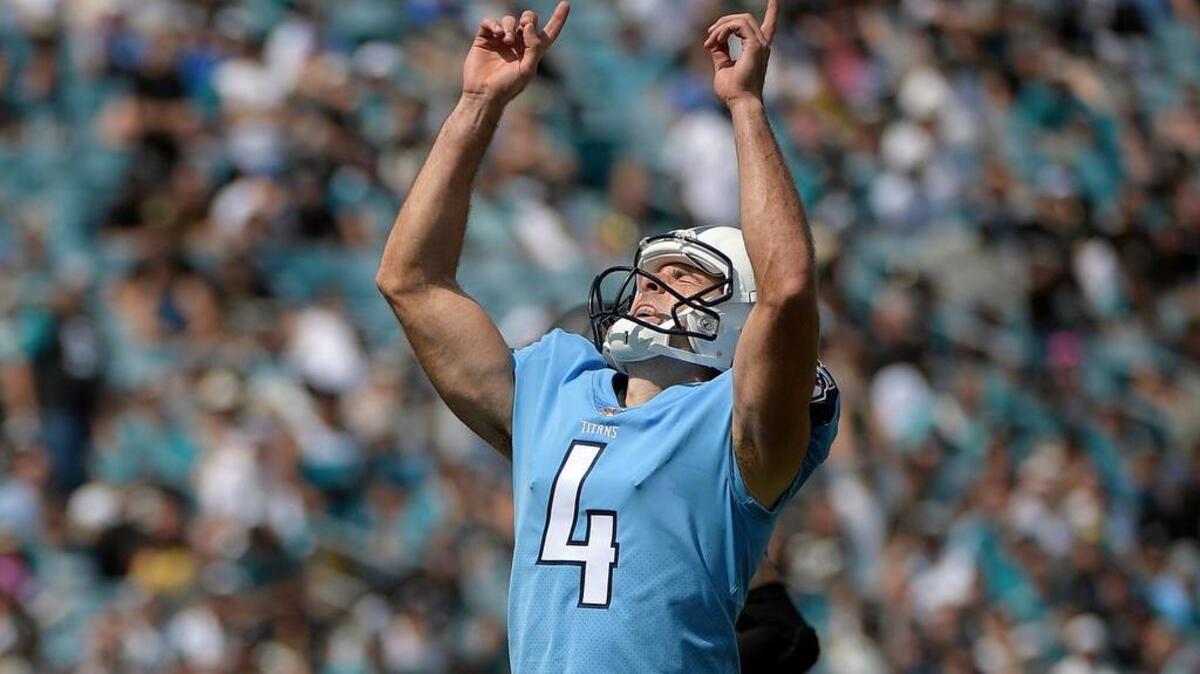 Tennessee Titans kicker Ryan Succop (4) points upward after kicking a field goal against the Jacksonville Jaguars earlier this season. He set a record on Monday night.