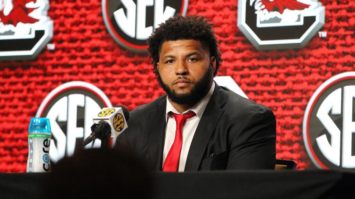 South Carolina offensive lineman Jovaughn Gwyn speaks at the SEC Media Days event held at the College Football Hall of Fame in Atlanta on Tuesday, July 19, 2022.
