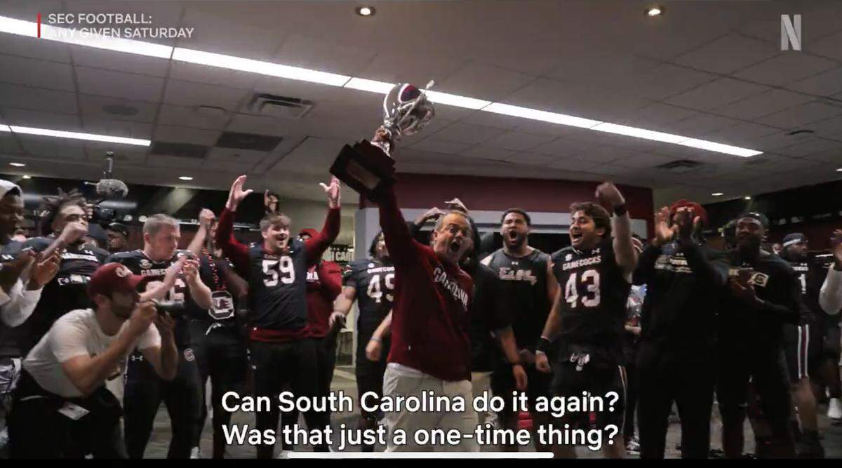 The Netflix cameras captured USC coach Shane Beamer in the locker room after the Gamecocks’ 2024 win over Missouri.