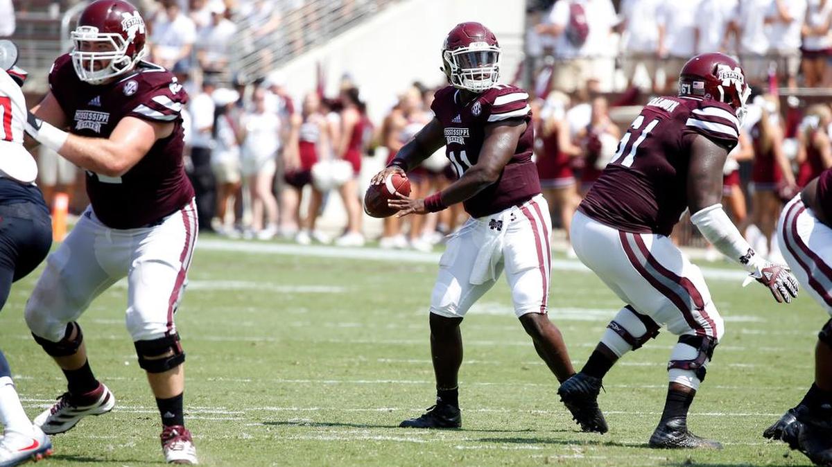 Mississippi State quarterback Damian Williams (11) sets up to pass against South Alabama in their NCAA college football game in Starkville, Miss., Saturday, Sept. 3, 2016. South Alabama won 21-20.