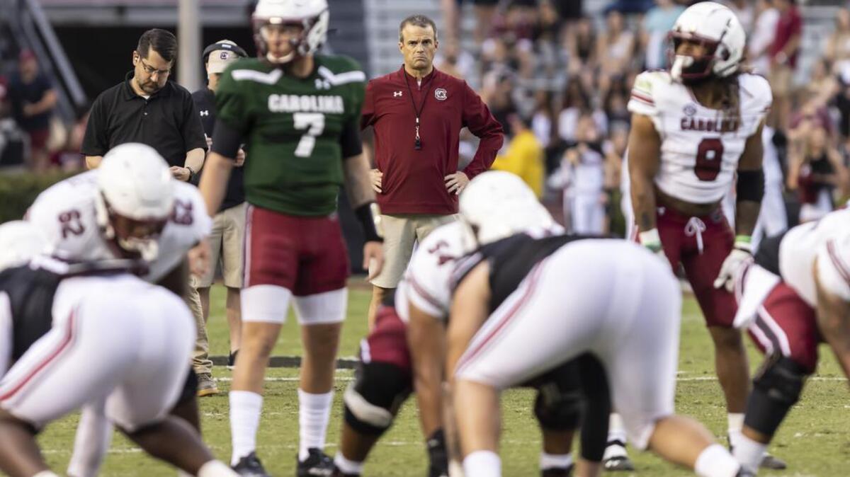 South Carolina Gamecocks head coach Shane Beamer watches quarterback Spencer Rattler during the Gamecocks??? Spring Game held at Williams-Brice Stadium on Saturday, April 16, 2022.