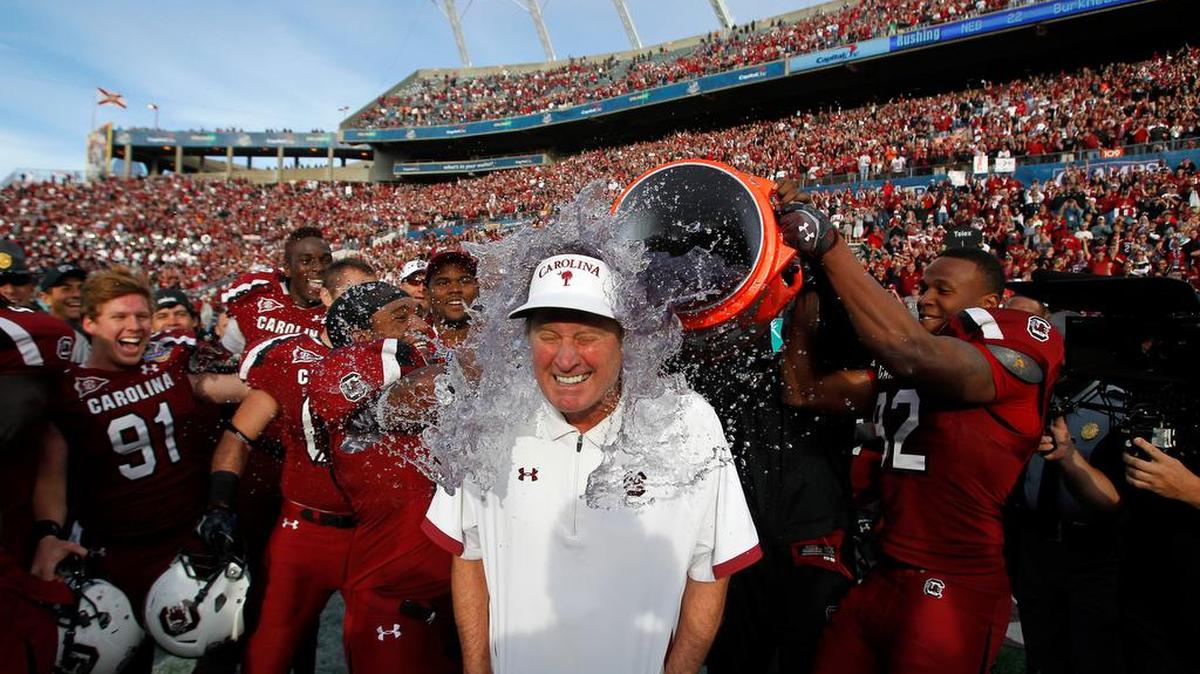 
From Jan. 2, 2012: Steve Spurrier gets a Gatorade bath as time winds down in the Gamecocks’ 30-13 win over Nebraska in the Capital One Bowl.
