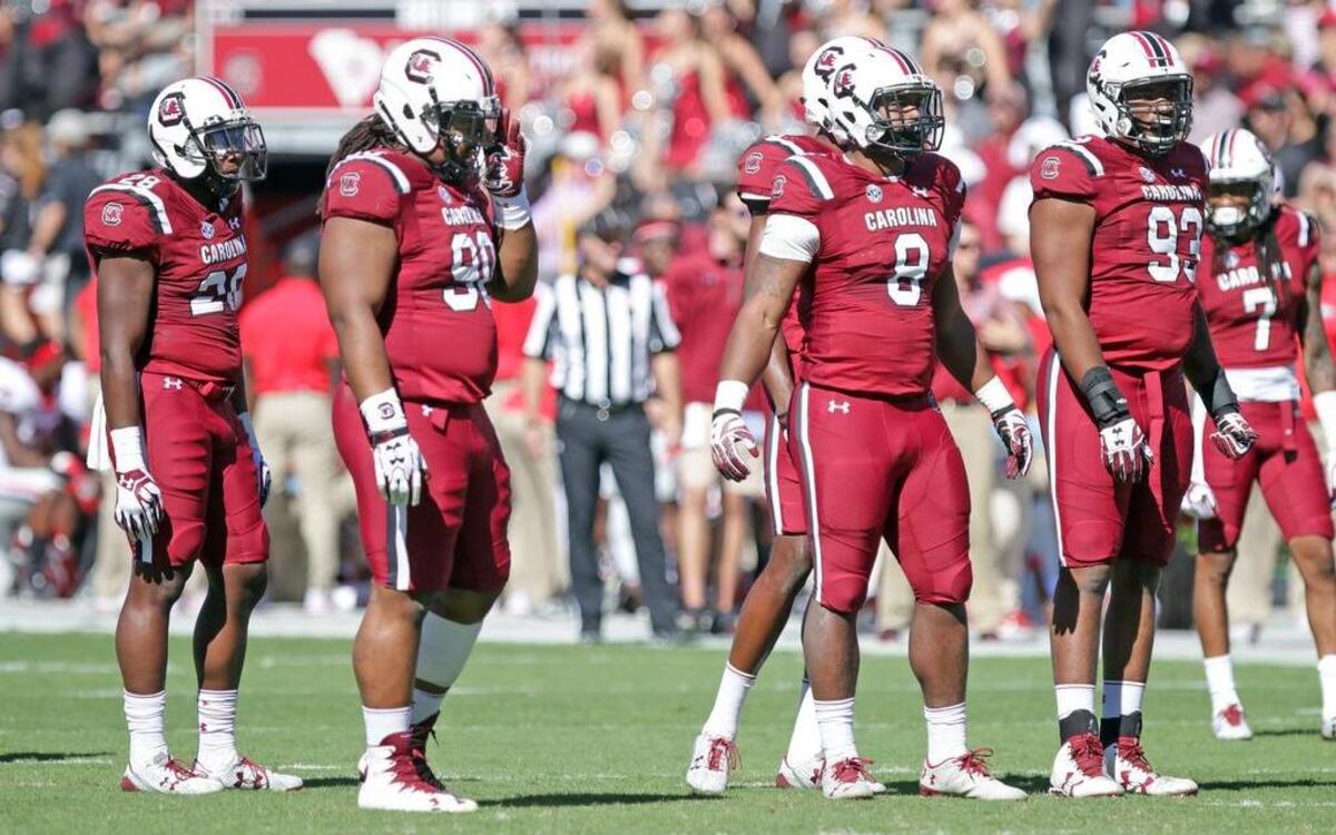 Taylor Stallworth (90), Marquavius Lewis (8) and other Gamecocks defenders.