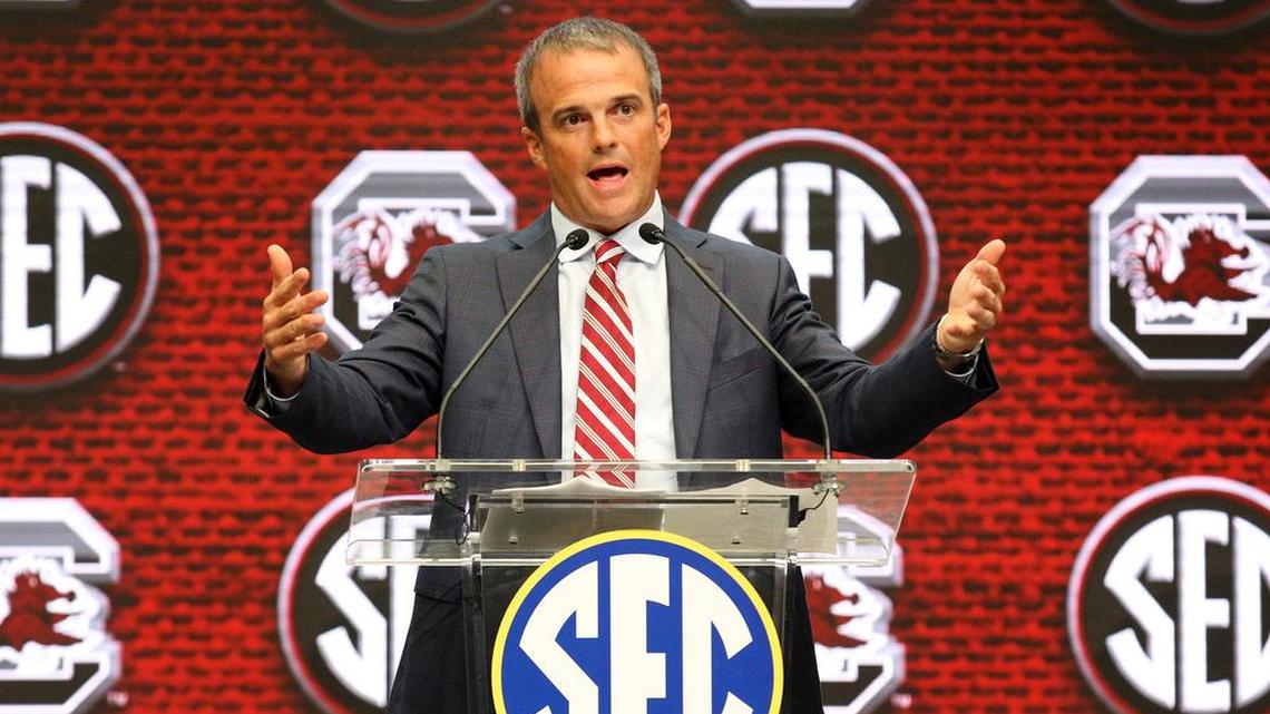 South Carolina football coach Shane Beamer will speaks Thursday at the SEC Media Days event in Nashville