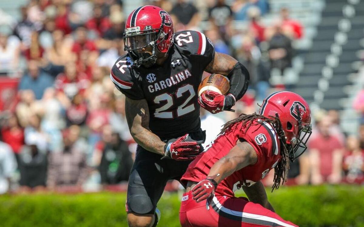 South Carolina running back Jamari Smith (22) brushes off South Carolina cornerback Chris Lammons during the Garnet and Black Spring Game Saturday.