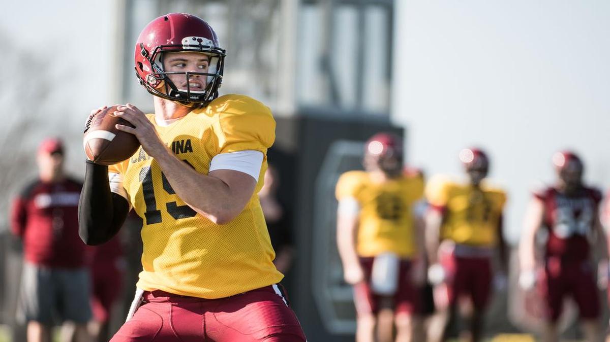 South Carolina quarterback Jake Bentley attempts a pass during a practice