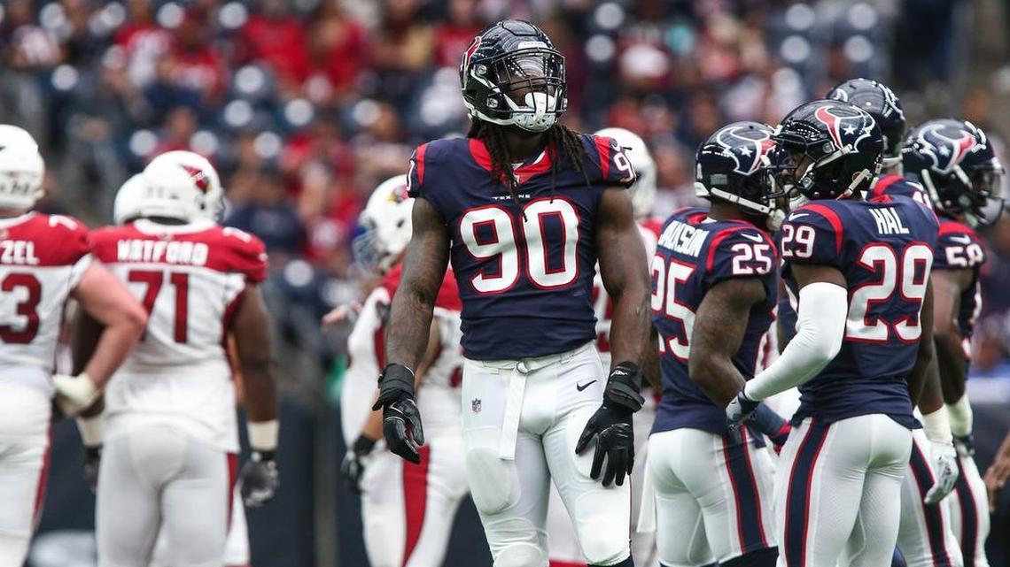 Houston Texans star Jadeveon Clowney (90) looks up during the first quarter against the Arizona Cardinals at NRG Stadium.